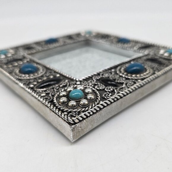 Decorative Square Silver Photo Frame With Blue & Black Accents Raj 3.25" Square - Picture 8 of 10